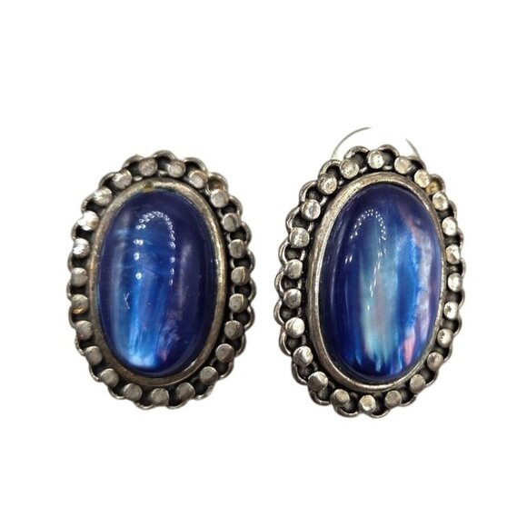 Vintage Silver-Tone Oval Clip-On Earrings W/Blue Iridescent Cabochons - Picture 2 of 4